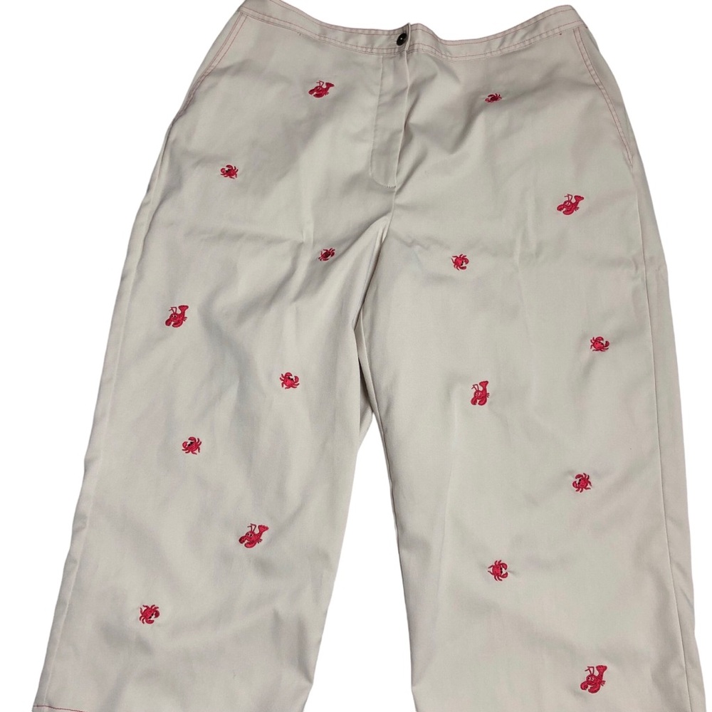Capri Pants 16P Tan Embroidered Red Crab & Lobster Print ~ Pockets Stretch Zip